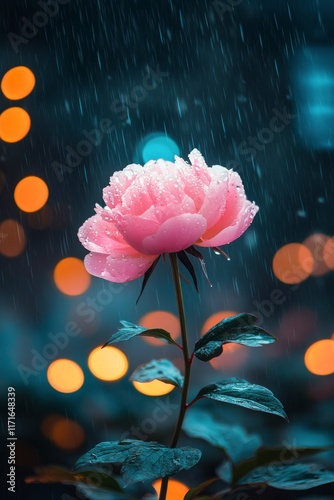 Beautiful pink peony flower stands out against a backdrop of warm bokeh light...