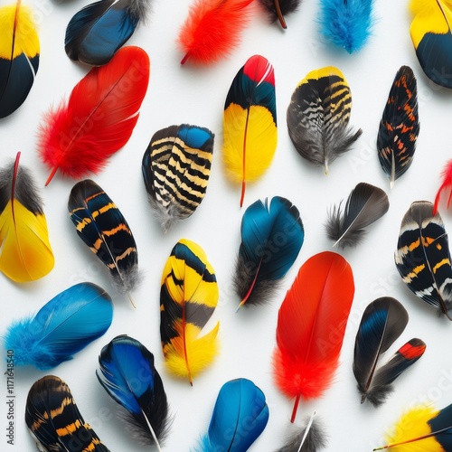 Colorful feathers arranged on a white background showcasing diverse patterns ...