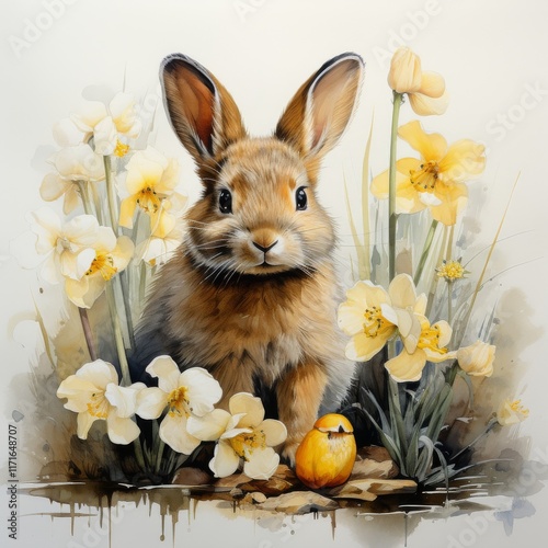 Cute rabbit surrounded by vibrant flowers in a spring garden setting