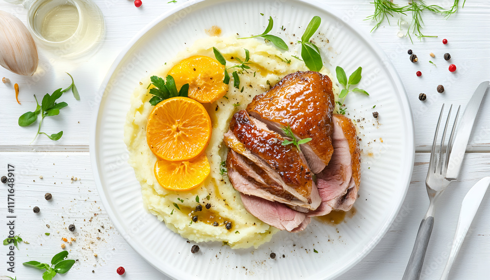 Roasted duck with mashed potatoes, caramelized fennel and orange salad and white wine sauce Roasted duck with mashed potatoes, caramelized fennel and orange salad and white wine sauce