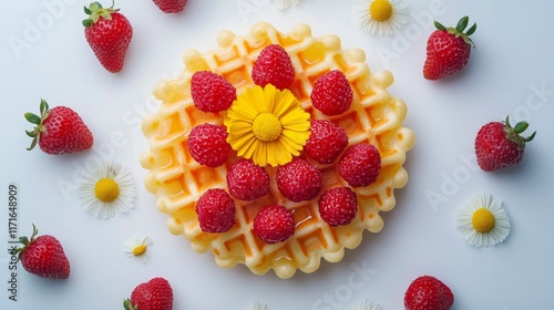 Fresh strawberries on waffles with honey and edible flowers in bright sunlight