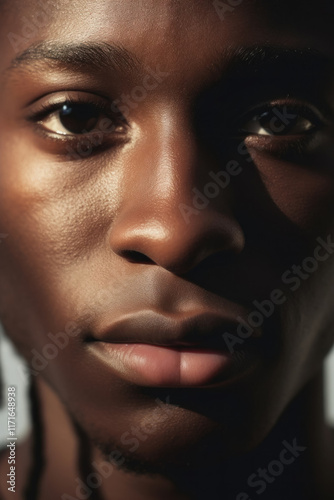 Portrait of a person of African ethnicity with bright facial features, an expression of warmth and confidence. Ethnic style culture.