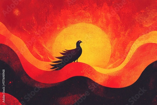 Solitary Bird Silhouetted Against Fiery Sunset Landscape