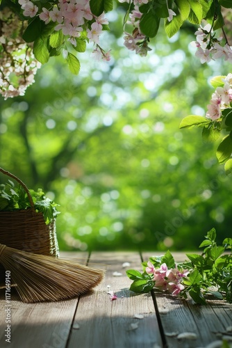 Blooming flowers and garden tools in a serene outdoor setting surrounded by g...