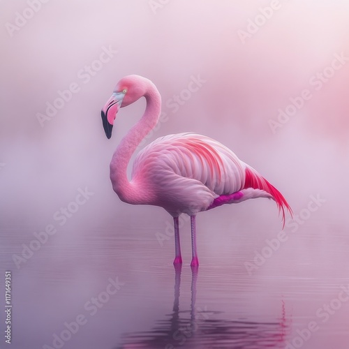 Majestic flamingo standing in calm water at dawn surrounded by misty atmosphere