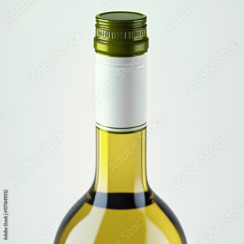 Elegant glass bottle of white wine with a green cap against a minimalistic ba...