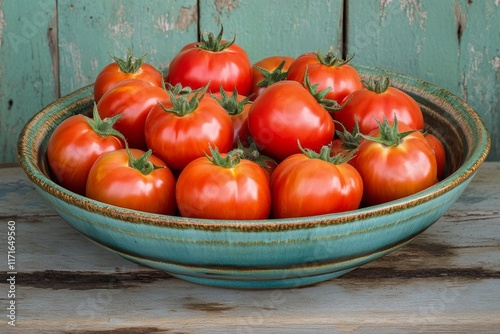 Freshly harvested red tomatoes arranged in a clay bowl on a rustic wooden sur...
