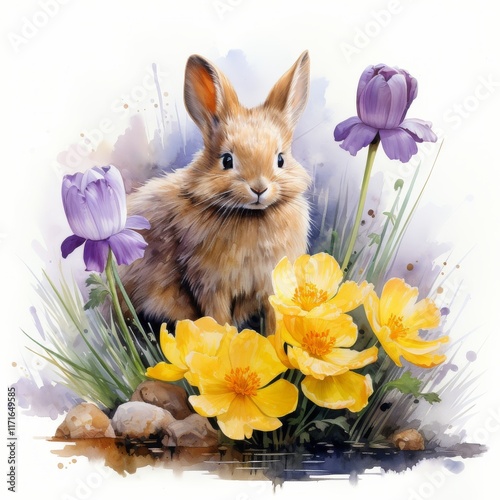 Cute rabbit among colorful flowers in a vibrant garden setting