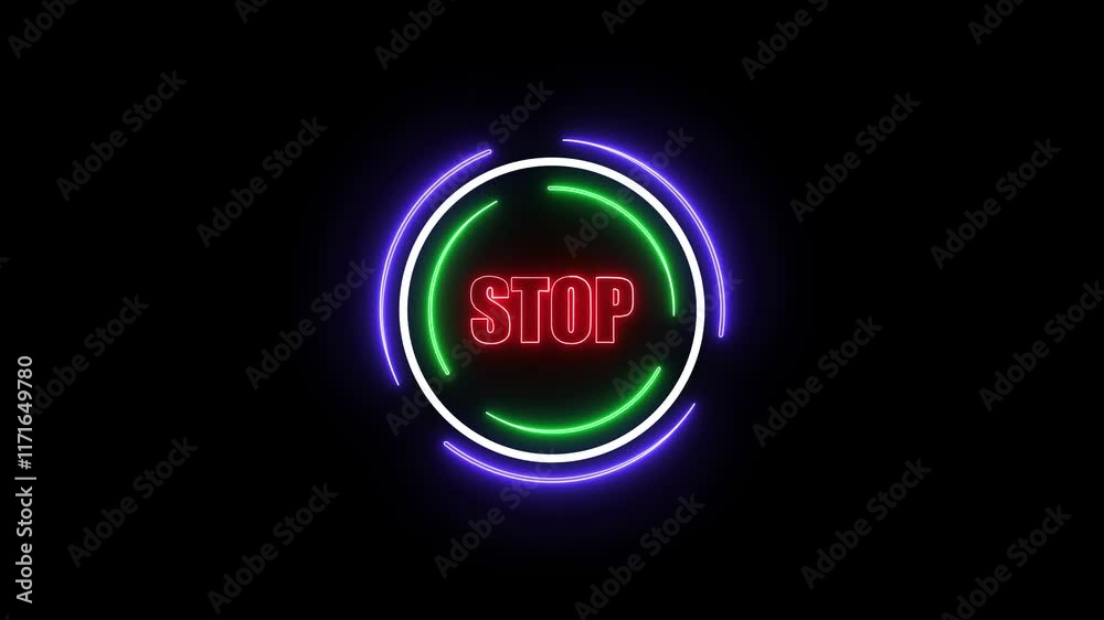 Stop in a glowing neon circle on a black background. Stop in a glowing neon circle on a black background.