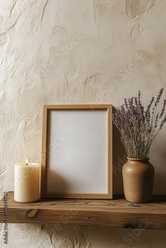Decorative shelf with lavender bouquet, blank frame, and candle casting shado...