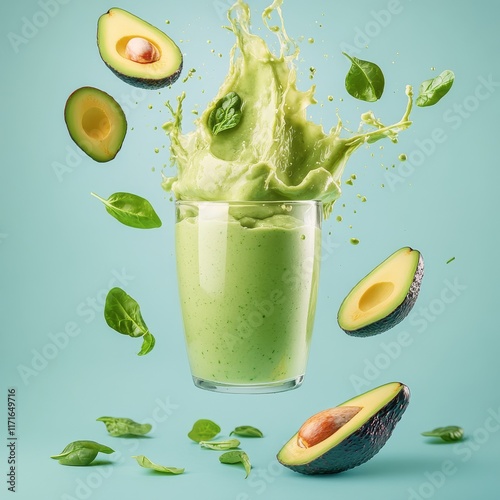 Green smoothie splashing in the air with fresh ingredients for a healthy drin...