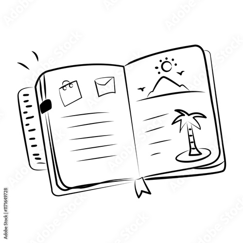 A hand drawn icon of an open travel journal
