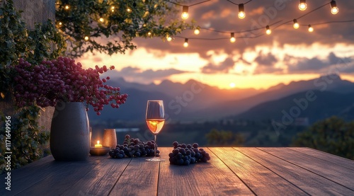 Romantic evening with wine and grapes at a scenic outdoor table during sunset