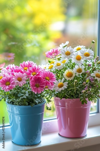 Beautiful blooming flowers in pastel pots by a bright window on a sunny day