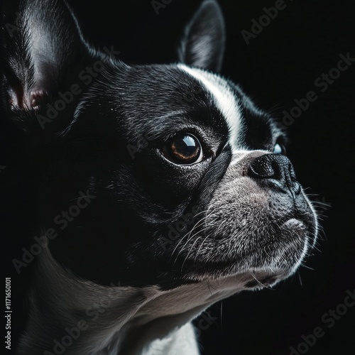 Close-up of a black and white dog gazing thoughtfully in soft light against a...