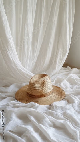 Stylish straw hat resting on a soft white fabric backdrop with natural light ...