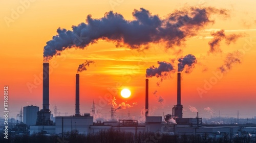 Sunset Over Industrial Emissions with Smokestacks photo