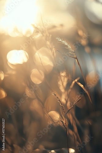 Golden sunlight glistens on grass during sunset casting a warm glow in the field