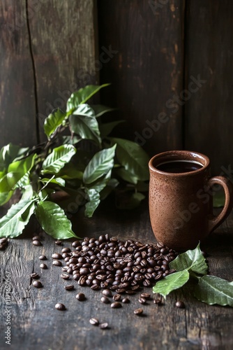 Freshly brewed coffee in a rustic cup surrounded by coffee beans and green le...