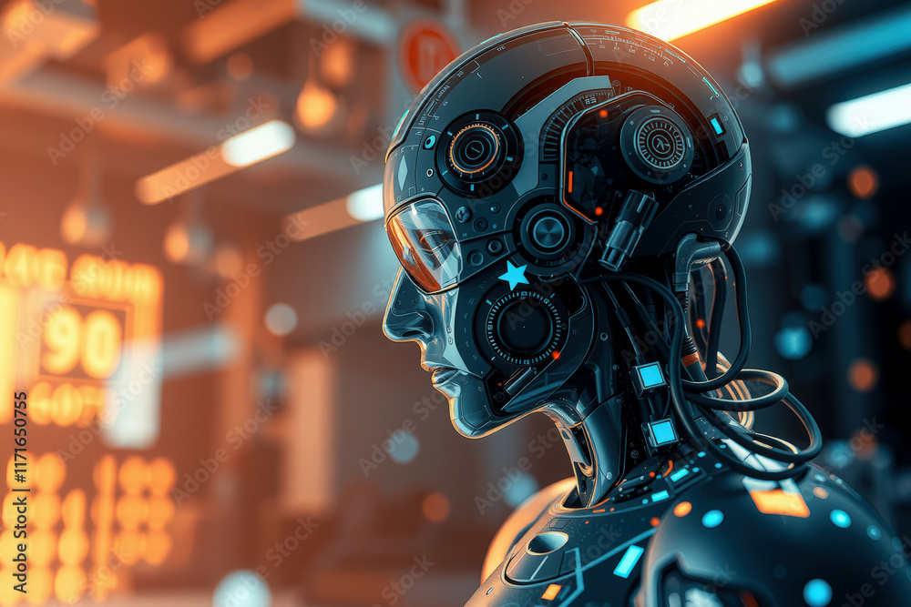 futuristic humanoid robot with intricate mechanical details stands high tech environment, showcasing advanced technology and innovation. setting is illuminated with warm, ambient lighting futuristic humanoid robot with intricate mechanical details stands high tech environment, showcasing advanced technology and innovation. setting is illuminated with warm, ambient lighting