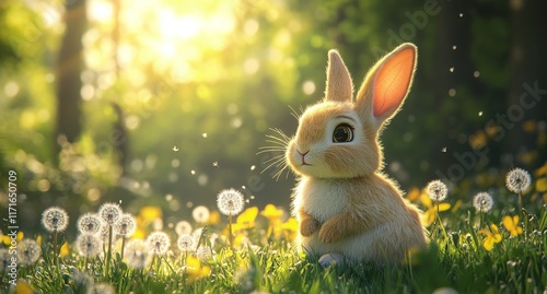 Cute rabbit sitting in a sunlit meadow surrounded by dandelions on a beautifu...
