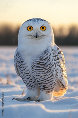 Snowy owl perched in winter landscape during golden hour with striking yellow...