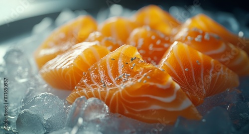 Fresh salmon sashimi served on ice with garnishes in a seafood display