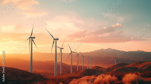 Wind turbines on a beautiful sunny summer autumn mountain landscape. photo