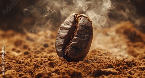 Coffee bean emerging from ground with rich texture and aroma in close-up view