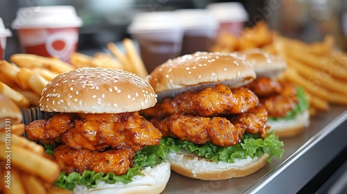 Two delicious chicken burgers with lettuce and french fries. photo