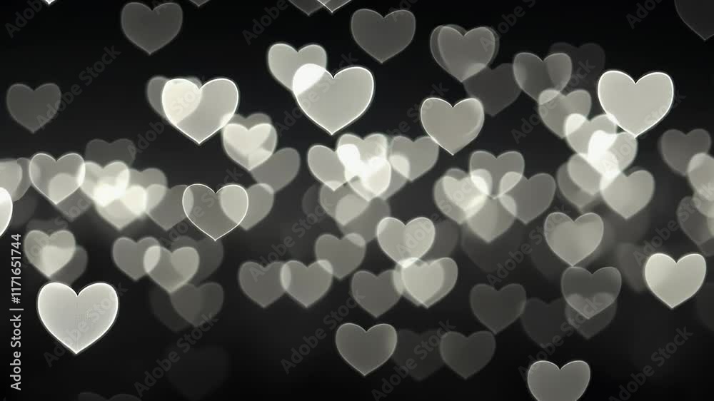 Scattered White hearts bokeh blurred on black background. Saint Valentine's day pattern texture Overlay Mask transparency	