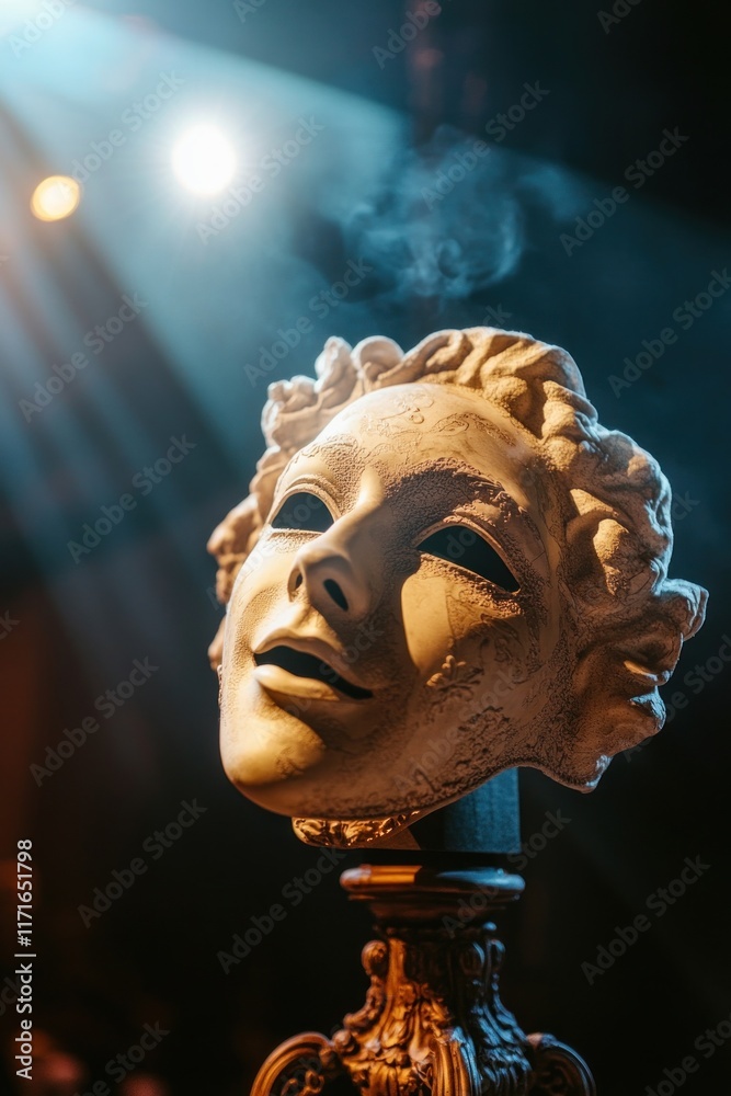 Venetian mask standing on a small pedestal receiving stage lighting with smoke Venetian mask standing on a small pedestal receiving stage lighting with smoke