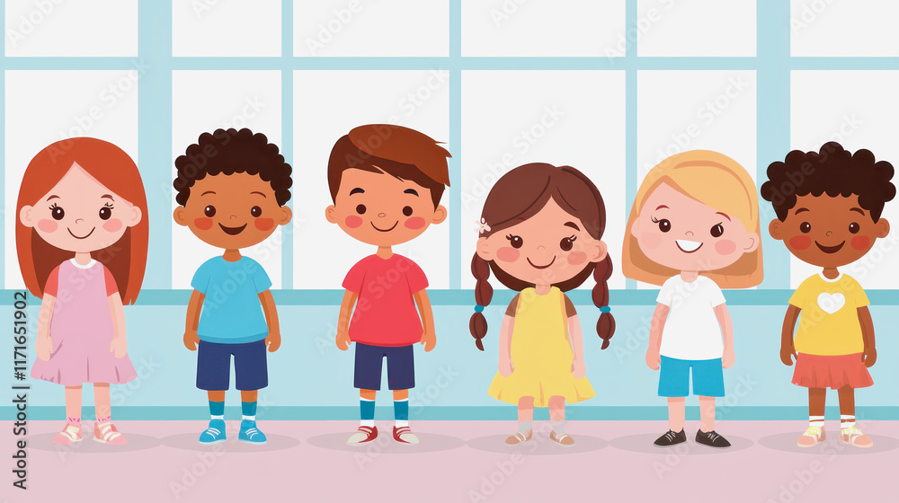 Children of diverse backgrounds standing together in a bright classroom Children of diverse backgrounds standing together in a bright classroom