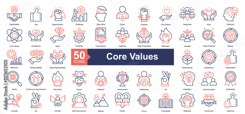 Core Values Icon Collection Set.Containing dependable, like, determination, challenge, open mind, expert, freedom, core values, happiness, kind, icon. Simple dual tone style Vector Illustration.