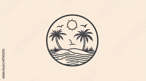 Tropical beach sunset line art circle design photo