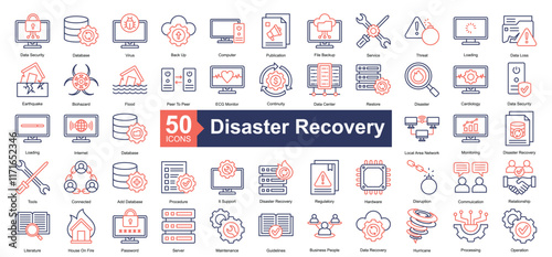 Disaster Recovery Icon Collection Set.Containing data security, database, virus, back up, computer, publication, file backup, service, threat icon. Simple dual tone style Vector Illustration.	