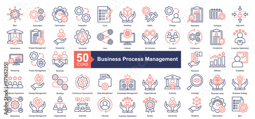 Business Process Management Icon Collection Set.Containing Bpm, Automation, Optimization, Integration, Form, Modeling, Agility, Change, Standards icon. Simple dual tone style Vector Illustration.