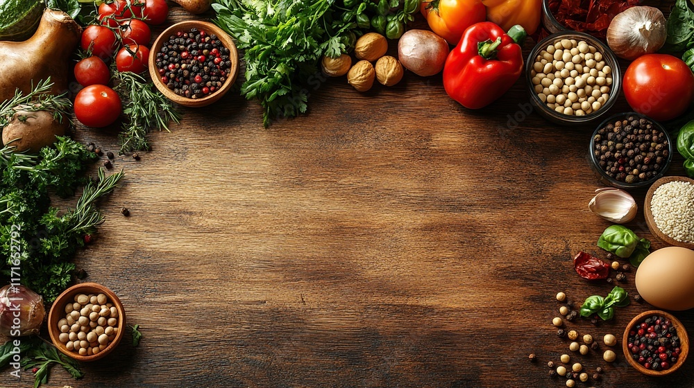 Fresh vegetables, herbs, spices, and legumes arranged on a rustic wooden table. Fresh vegetables, herbs, spices, and legumes arranged on a rustic wooden table.