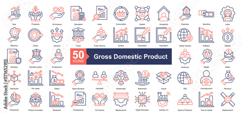 Gross Domestic Product Icon Collection Set.Containing rise, prosperity, all inclusive, calculation, index, consumption, market, household, expenses icon. Simple dual tone style Vector Illustration.	