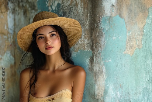 Young woman with straw hat poses against a vintage wall in a sunlit indoor space