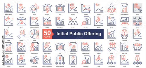 Initial Public Offering Icon Collection Set.Containing public offering, treasury, share, investors, bank, market, volatility icon. Simple dual tone style Vector Illustration.