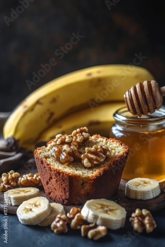 Delicious banana bread topped with walnuts and honey on a wooden table