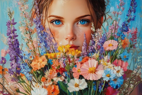 Young woman with blue eyes holding a colorful bouquet of flowers in a serene ...