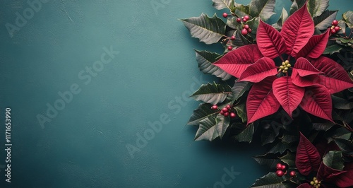 Bright red poinsettia flowers against a solid teal background for festive dec...