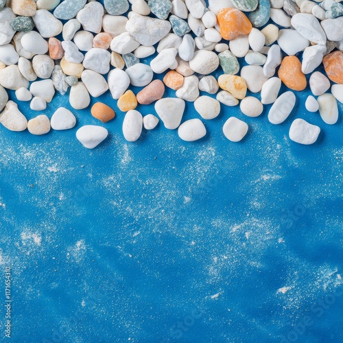 Colorful pebbles and sand on a blue beach background creating a serene coasta...