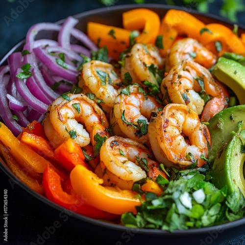 Fresh shrimp salad with avocado and colorful vegetables in a bowl