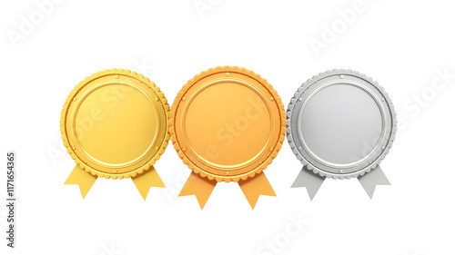 Award golden, silver and bronze blank medals 3d vector realistic illustration. First, second and third place medals or buttons isolated on white background. Quality blank, empty badge. Generative AI photo