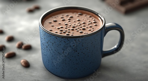 Warm cup of coffee resting on a dark stone countertop in a cozy setting durin...