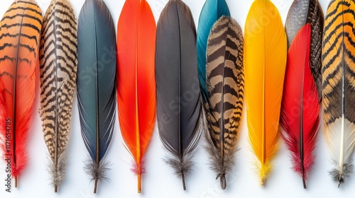 Colorful collection of bird feathers displayed on a white background showcasi...