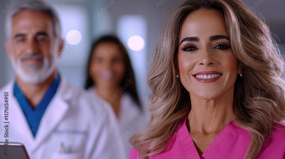 Fototapeta premium Smiling Hispanic female doctor with colleagues in the background. Professional healthcare team.
